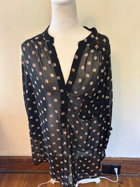 Pleione Sheer Black Button-Up rollable sleeve Blouse  Size 1X EUC